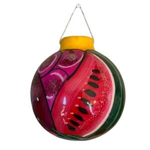 Hand Painted Terracotta Ball Ornament w/ Colorful Fruit 3.5” Boho Bauble Unique